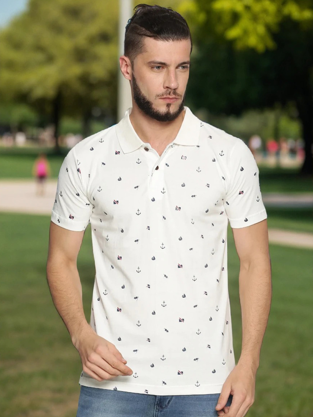 Kryptic Men Nautical Printed Polo Collar Pure Cotton T-shirt