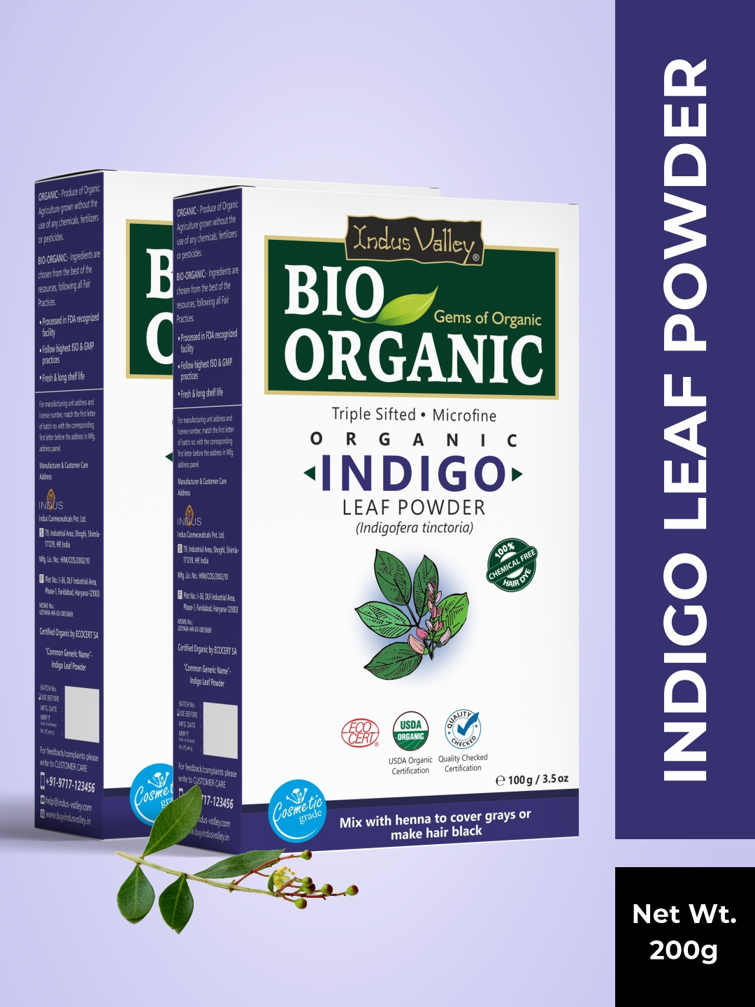 Indus Valley Pack of 2 Bio Organic Indigo Leaf Powder for Hair - 100 g each