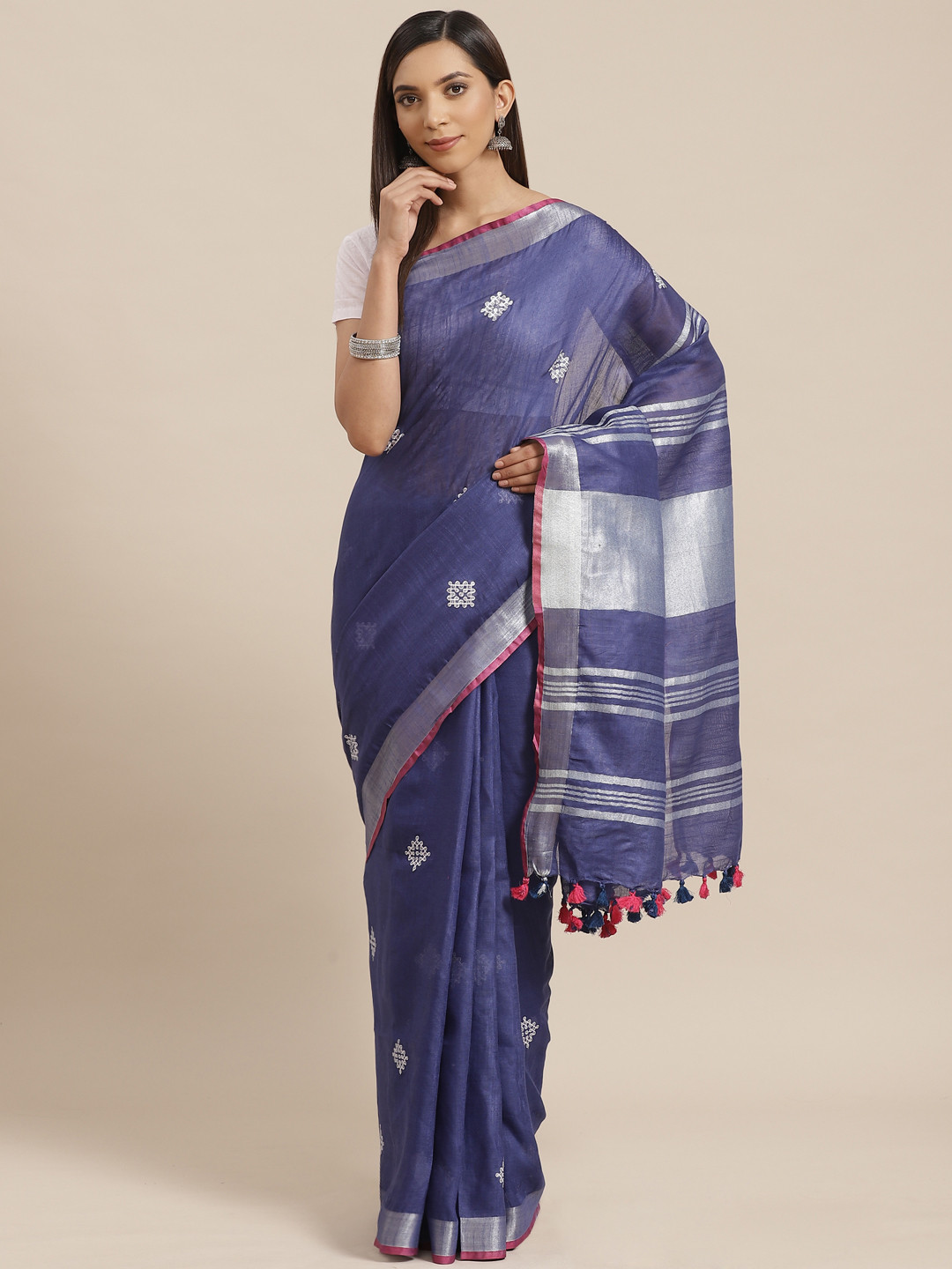 Kalakari India Blue & White Ethnic Embroidered Bhagalpuri Sustainable Saree