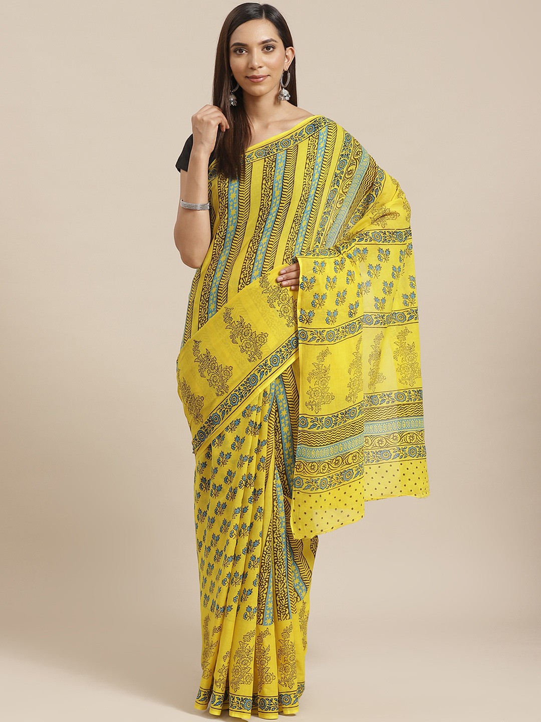 Kalakari India Yellow & Blue Block Print Handloom Sustainable Saree