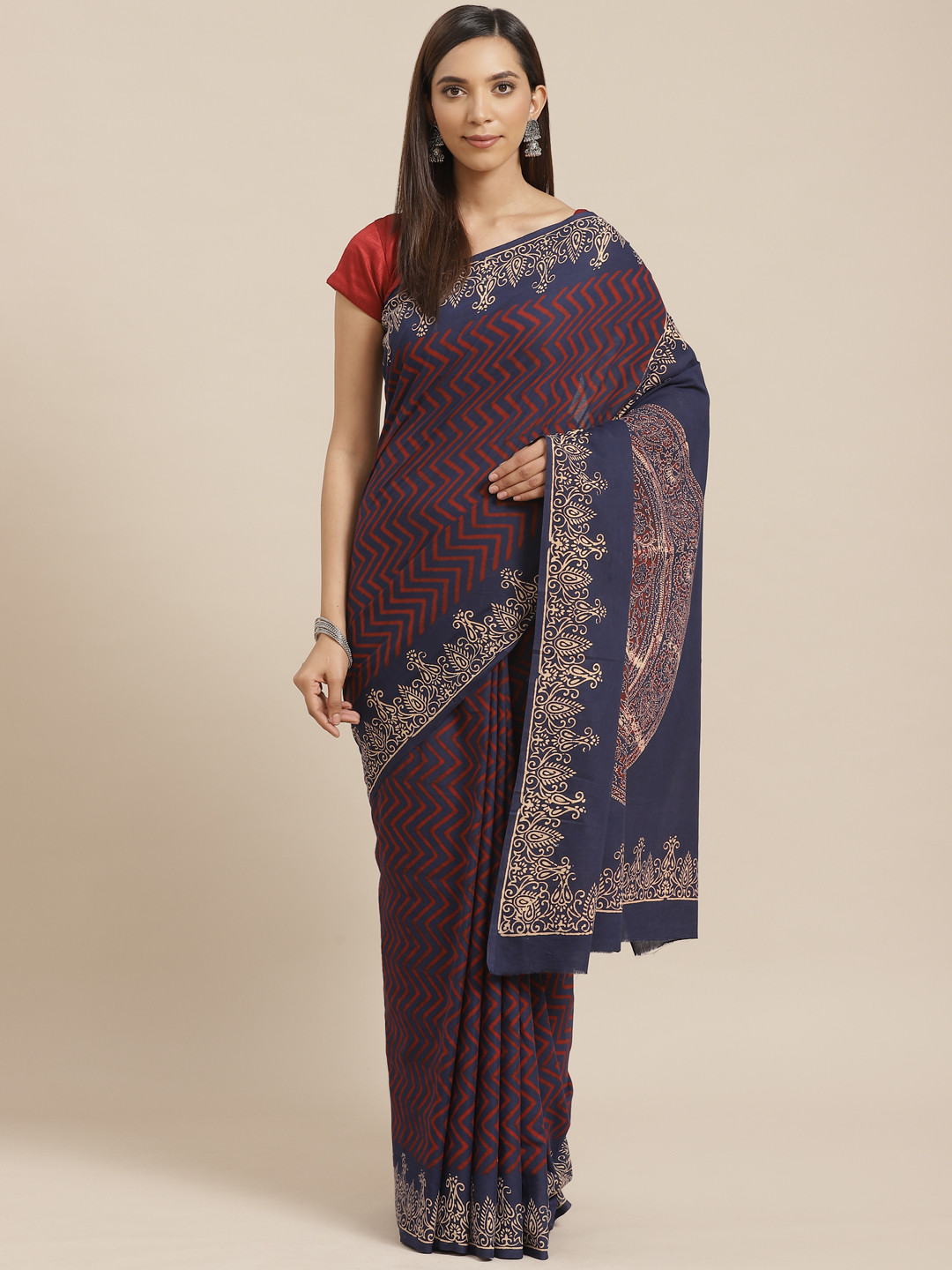 Kalakari India Navy Blue & Beige Ethnic Block Print Handloom Sustainable Saree