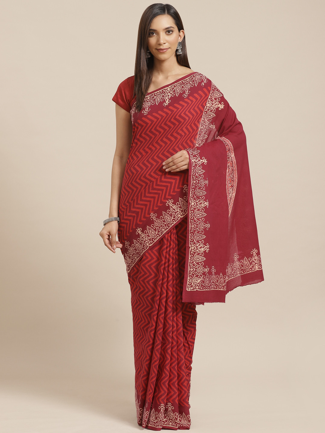 Kalakari India Red & Maroon Pure Cotton Handloom Block Print Sustainable Saree