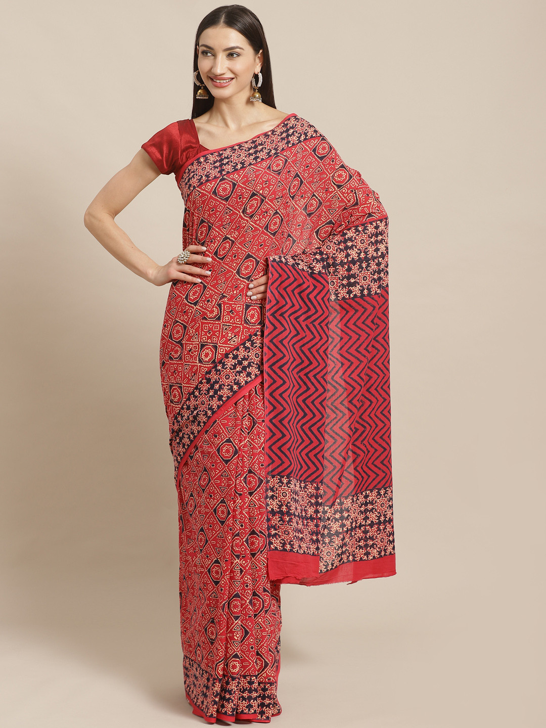 Kalakari India Red & Black Pure Cotton Handblock Print Saree