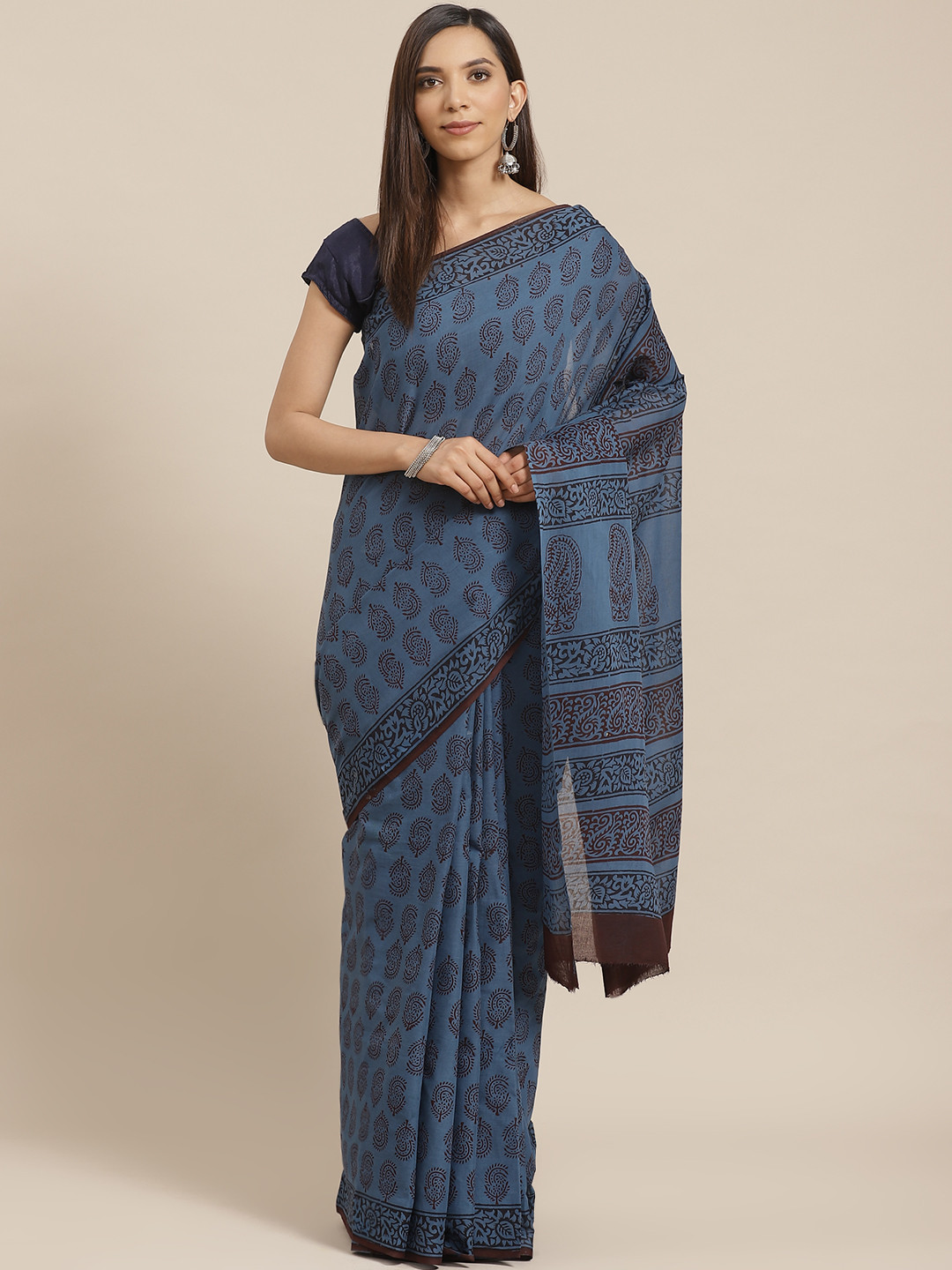 Kalakari India Navy Blue & Brown Pure Cotton Dabu Block Print Sustainable Saree