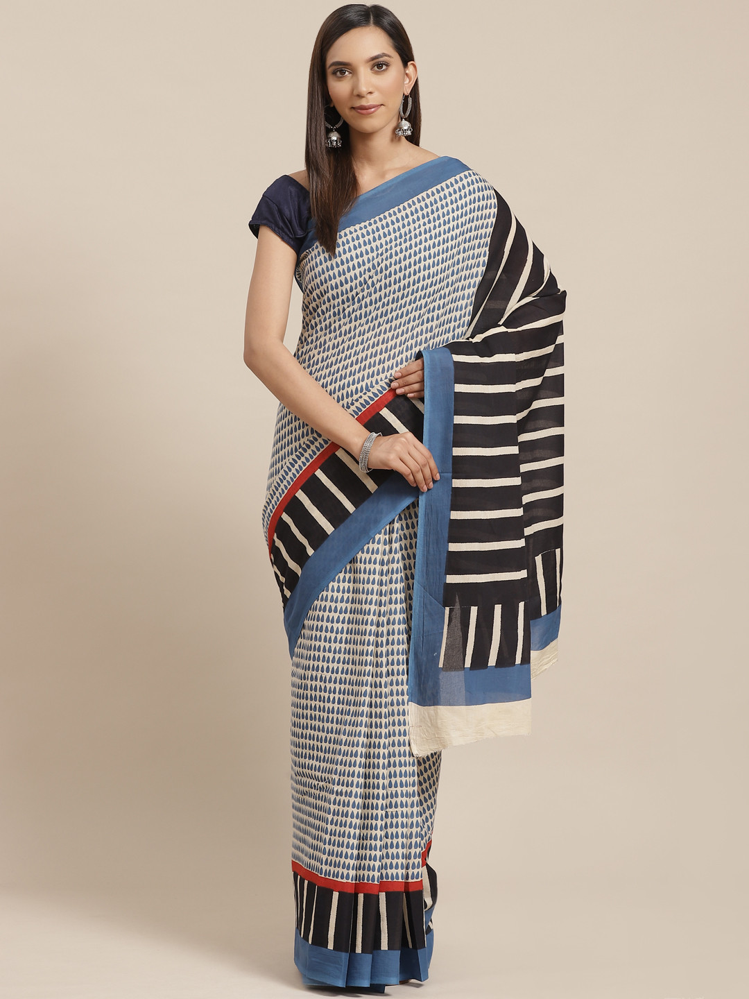 Kalakari India Blue & Off-White Block Print Handloom Sustainable Saree