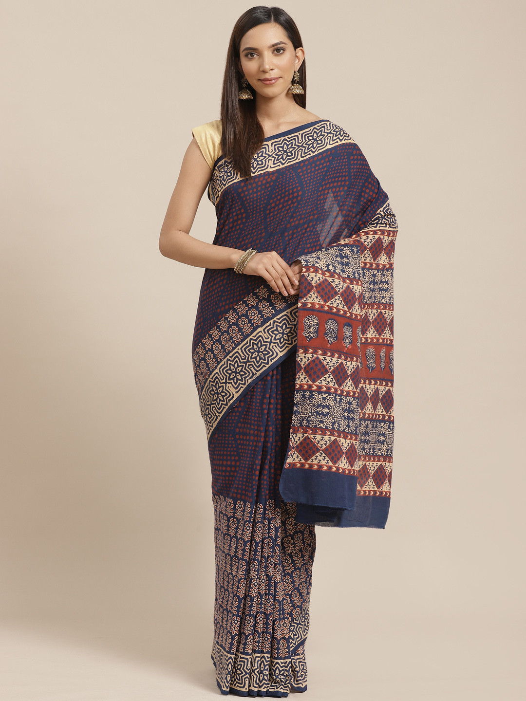 Kalakari India Navy Blue & Red Pure Cotton Handloom Block Print Sustainable Saree