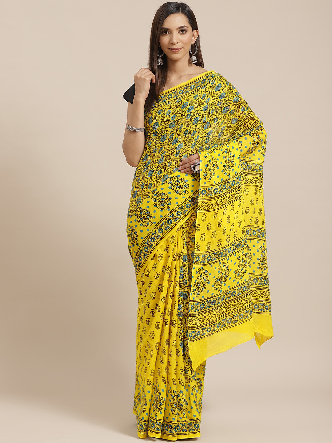 Kalakari India Mustard Yellow & Brown Pure Cotton Handloom Block Print Sustainable Saree