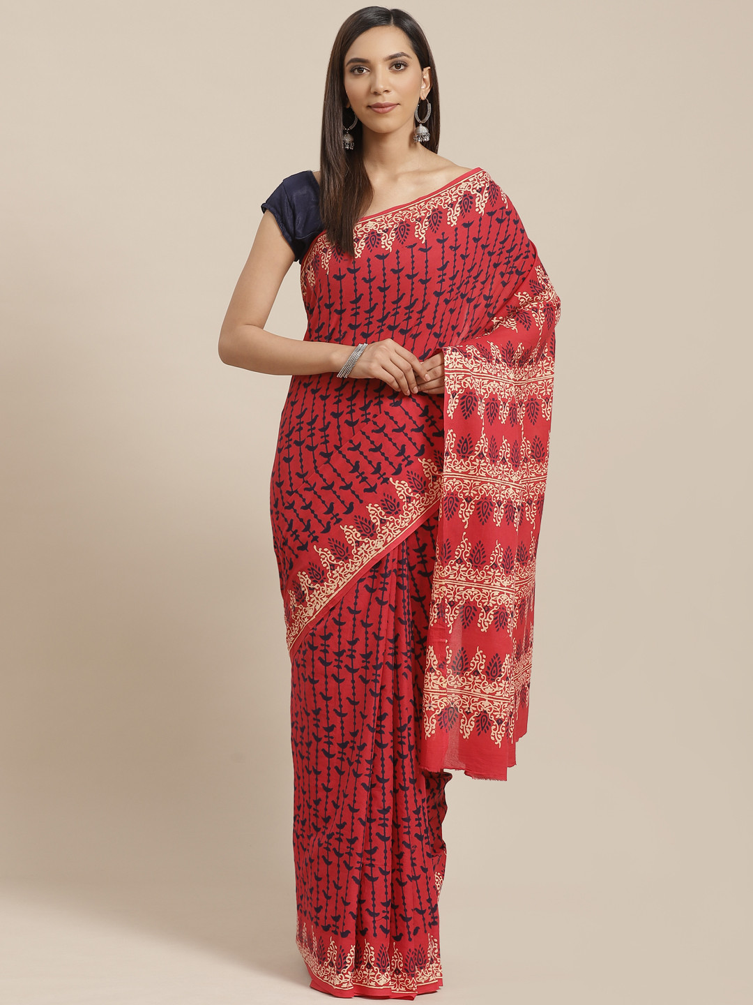 Kalakari India Red & Navy Blue Handloom Hand Block Print Sustainable Saree