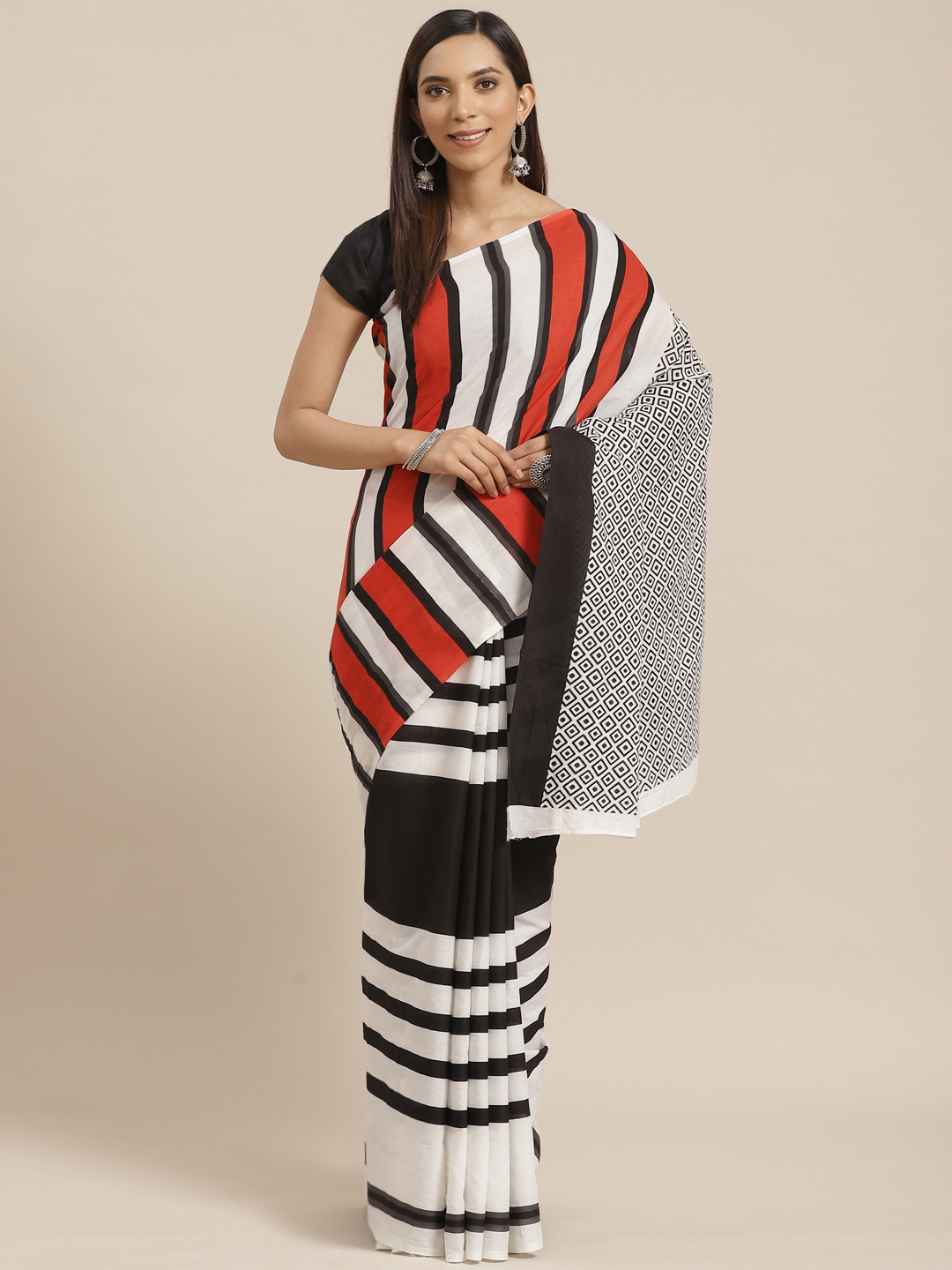 Kalakari India Black & White Handloom Pure Cotton Striped and Block Print Saree