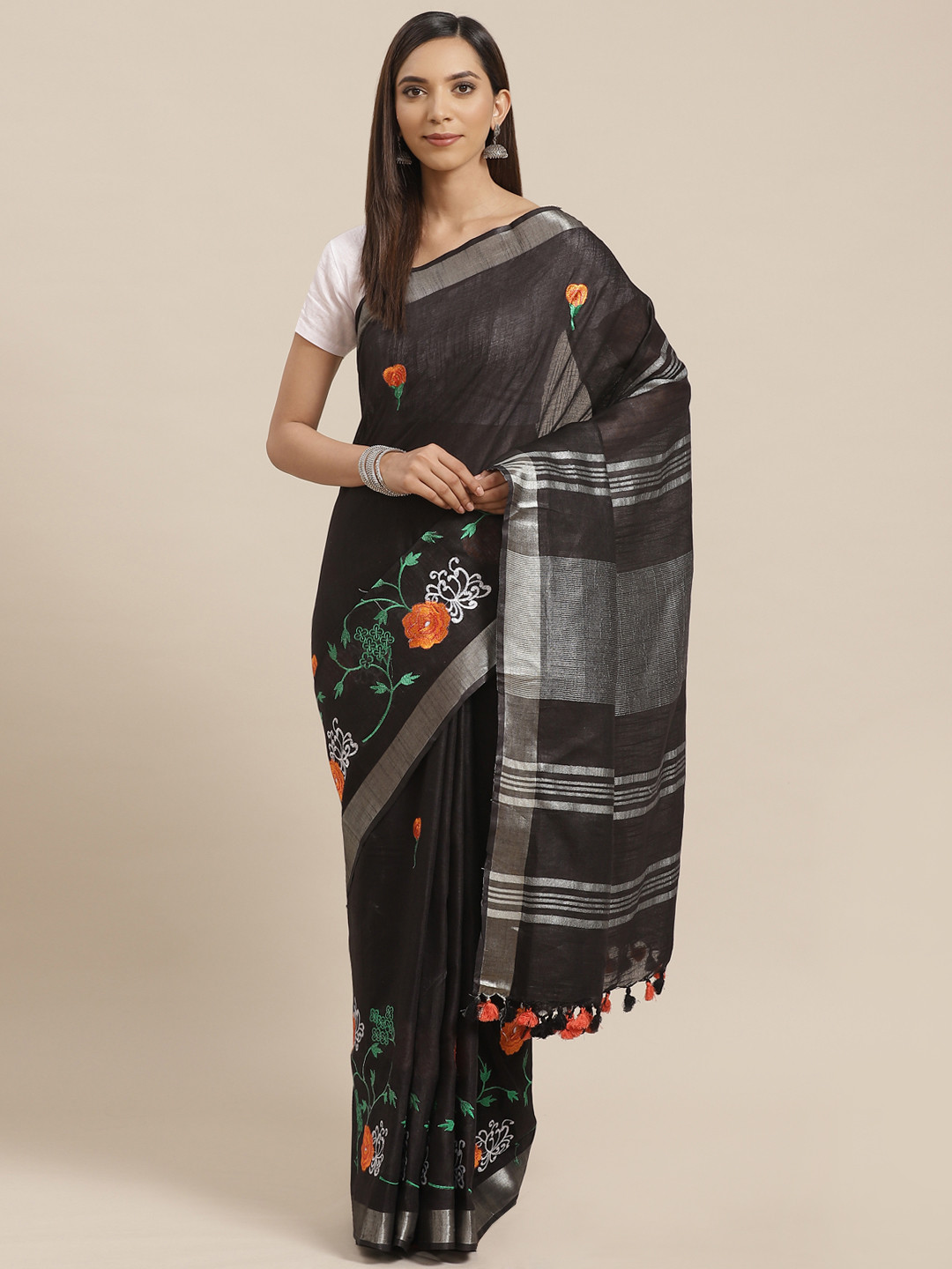 Kalakari India Black & Orange Floral Embroidered Handloom Bhagalpuri Saree
