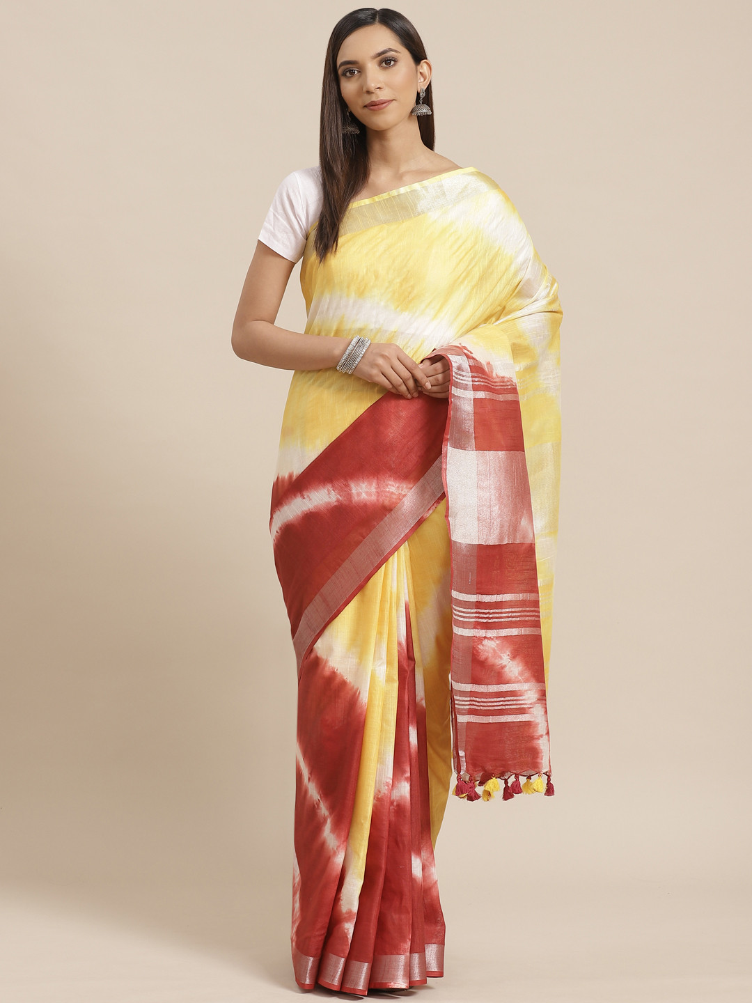 Kalakari India Yellow & Maroon Dyed Handloom Bhagalpuri Sustainable Saree