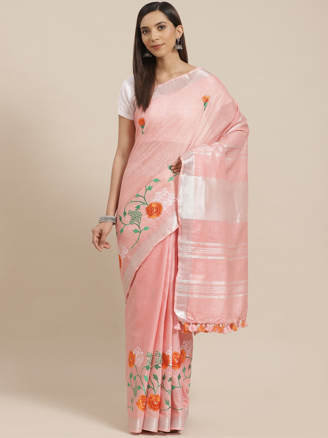 Kalakari India Peach-Coloured & Orange Floral Embroidered Handloom Bhagalpuri Sustainable Saree