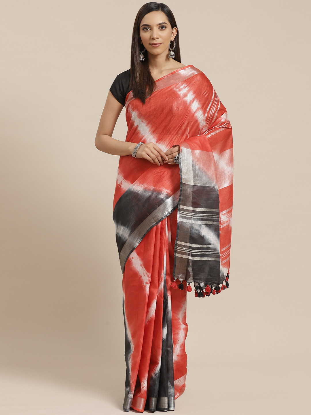 Kalakari India Red & Black Shibori Dyed Handloom Bhagalpuri Saree