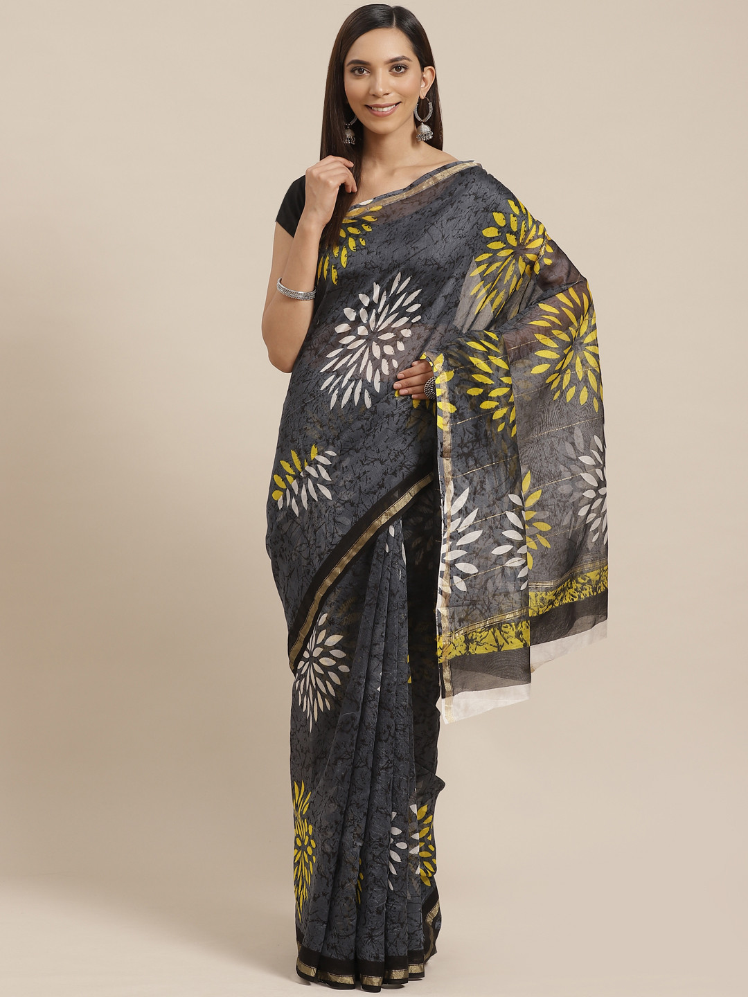 Kalakari India Charcoal Grey & Yellow Handloom Hand Block Print Saree