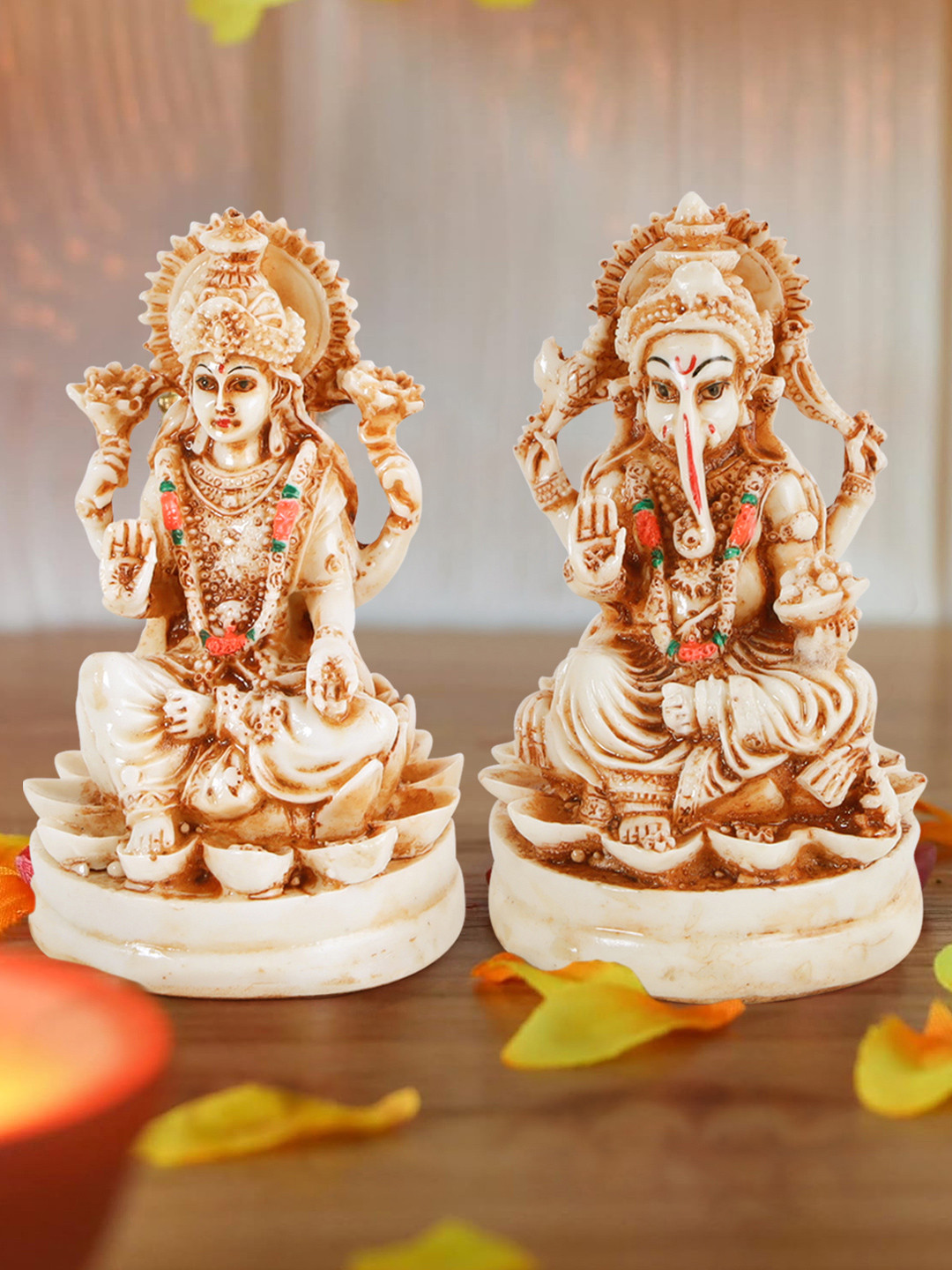 TIED RIBBONS Lakshmi Ganesha Multicoloured Polyresin Glossy Living Room Set of 2 Medium Showpieces - 4.4 Inches