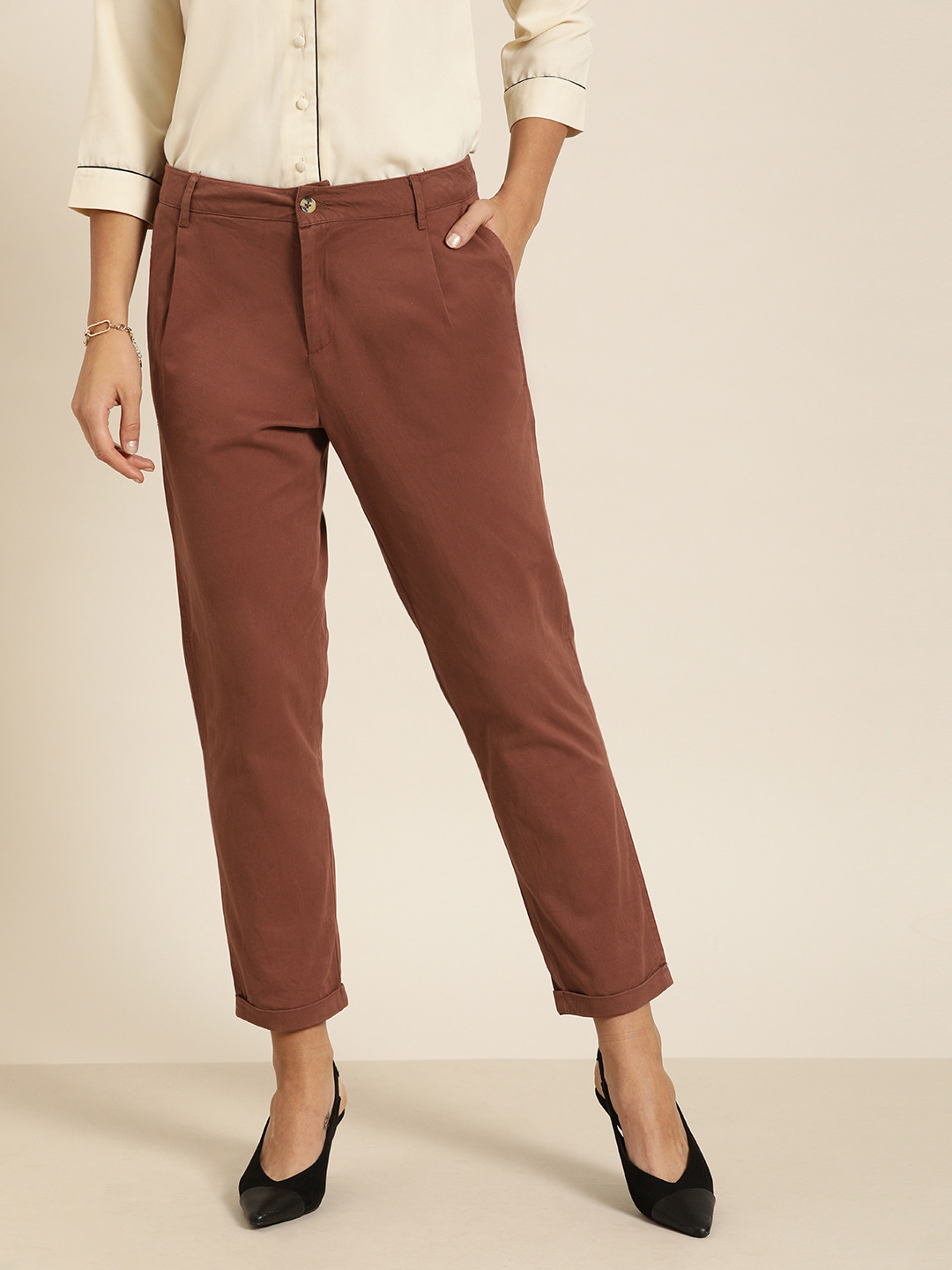 her by invictus Women Rust Brown Slim Fit Solid Chinos