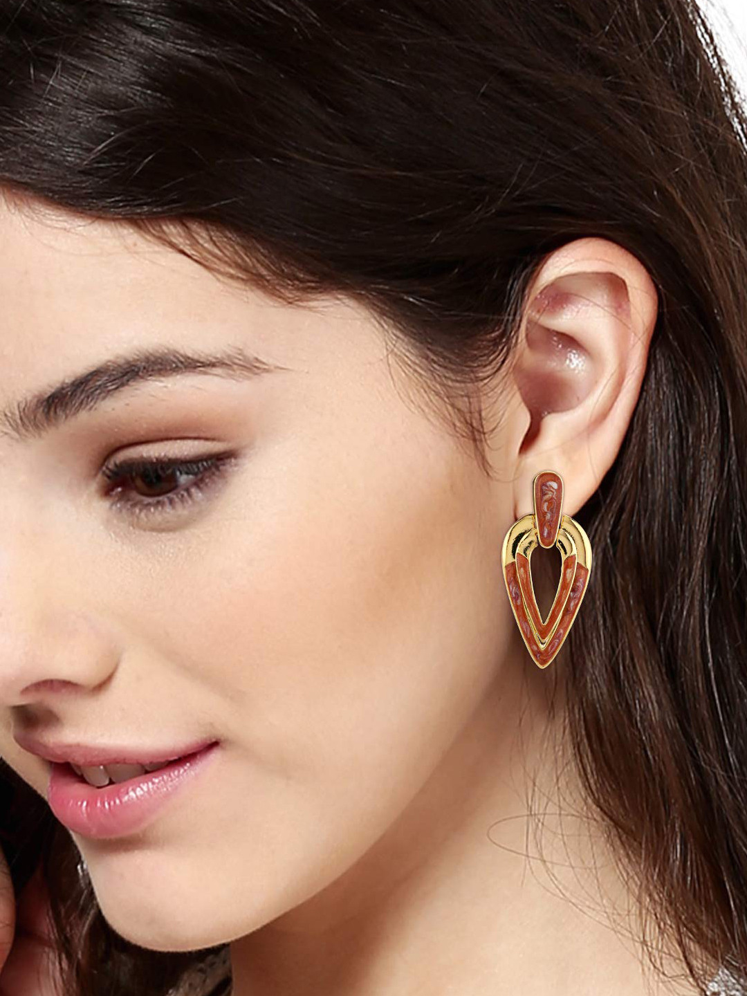 Estele Gold-Toned & Rust Teardrop Shaped Drop Earrings