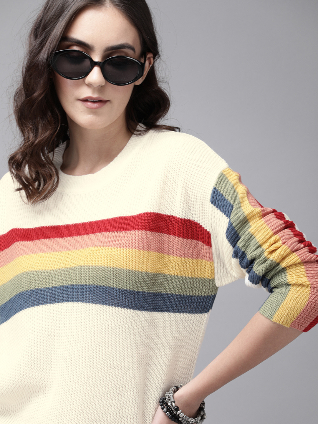 Roadster Women Off-White & Red Striped Pullover Sweater