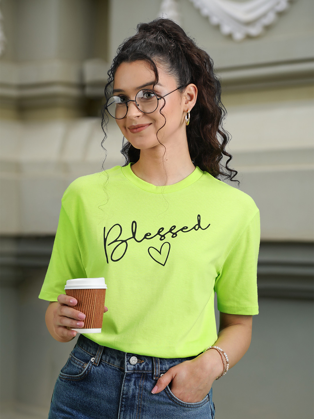 SASSAFRAS Women Fluorescent Green Blessed Print Round Neck T-shirt