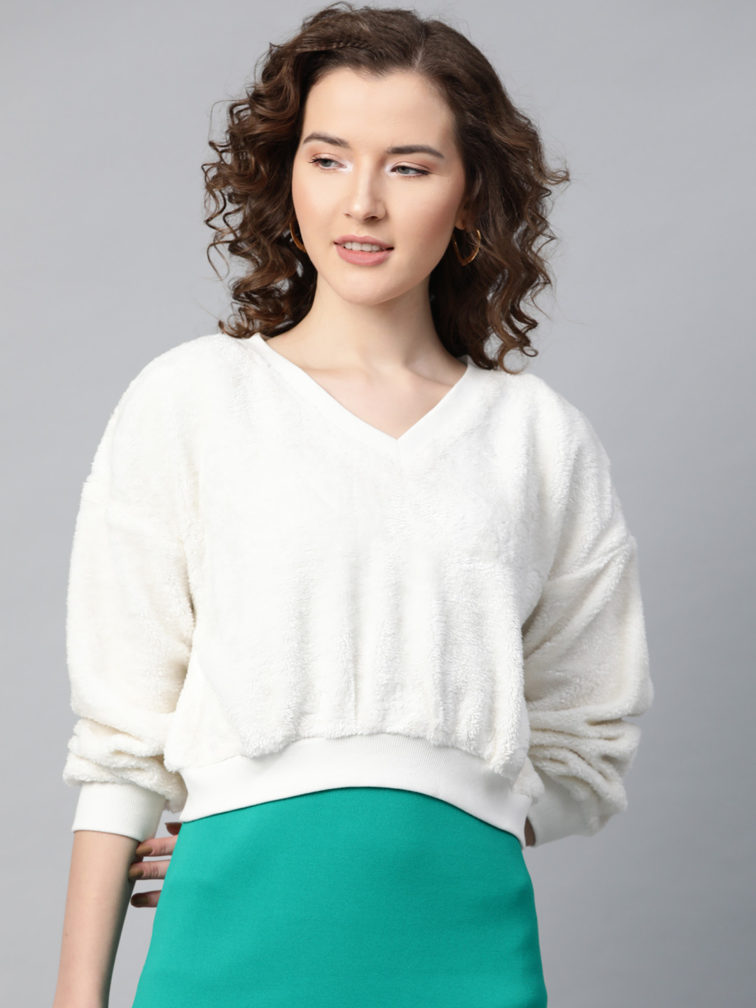 SASSAFRAS Women Off-White Faux Fur Crop Sweatshirt
