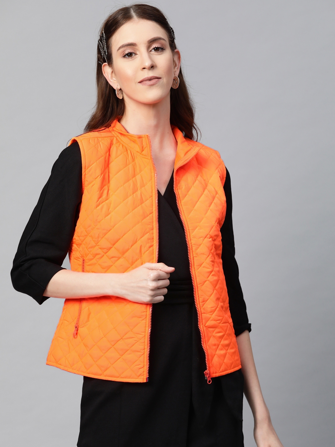 SASSAFRAS Women Neon Orange Solid Quilted Jacket