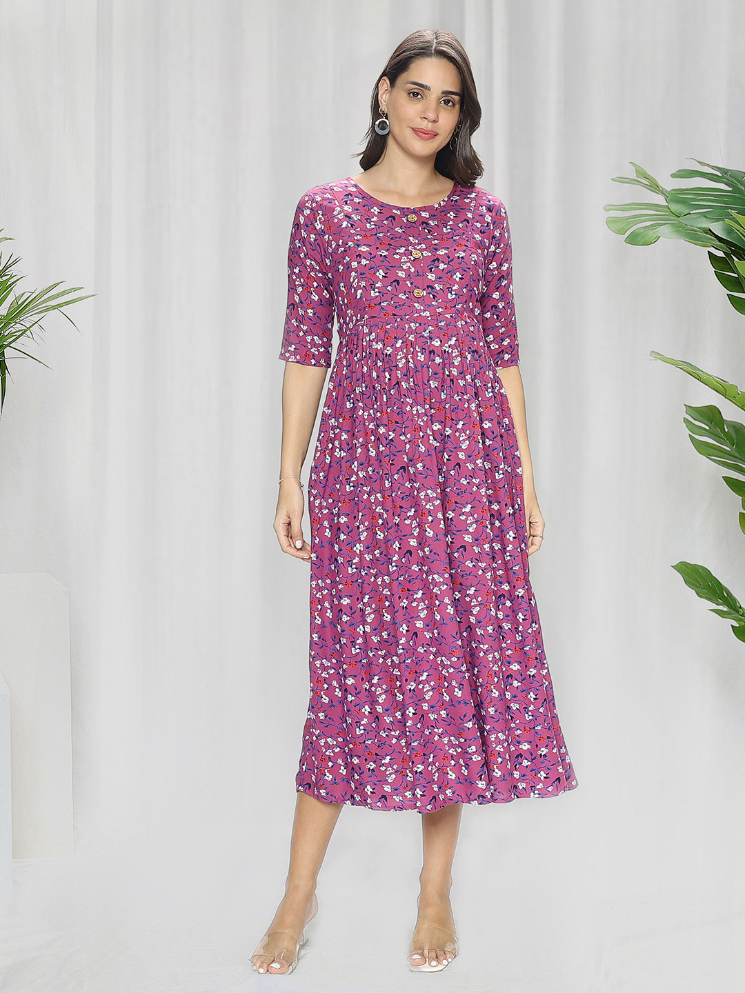 MomToBe Mauve Floral Printed Maternity Nursing Maxi   Dress
