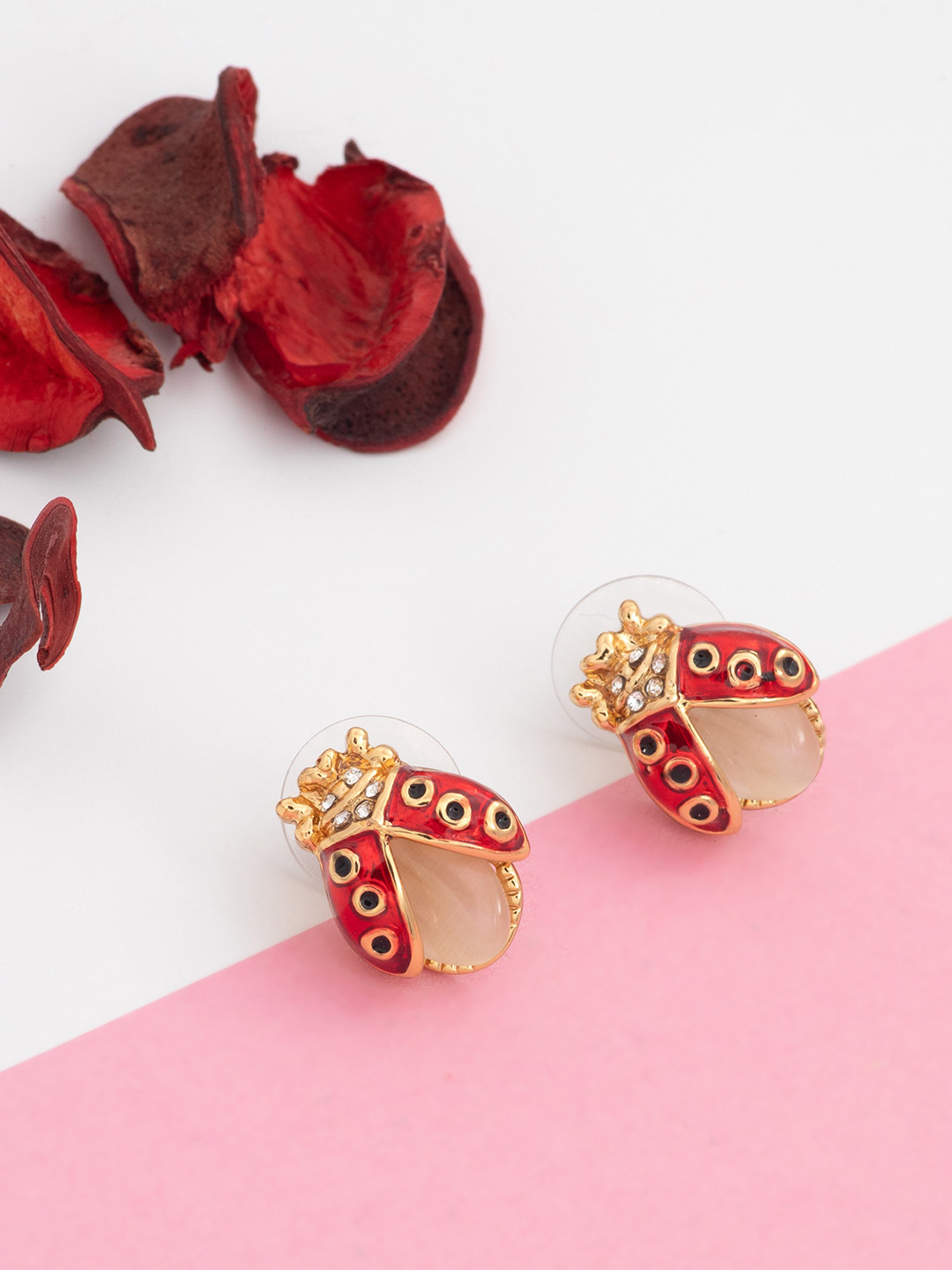 Estele Gold-Plated & Red Quirky Lady Bug Studs