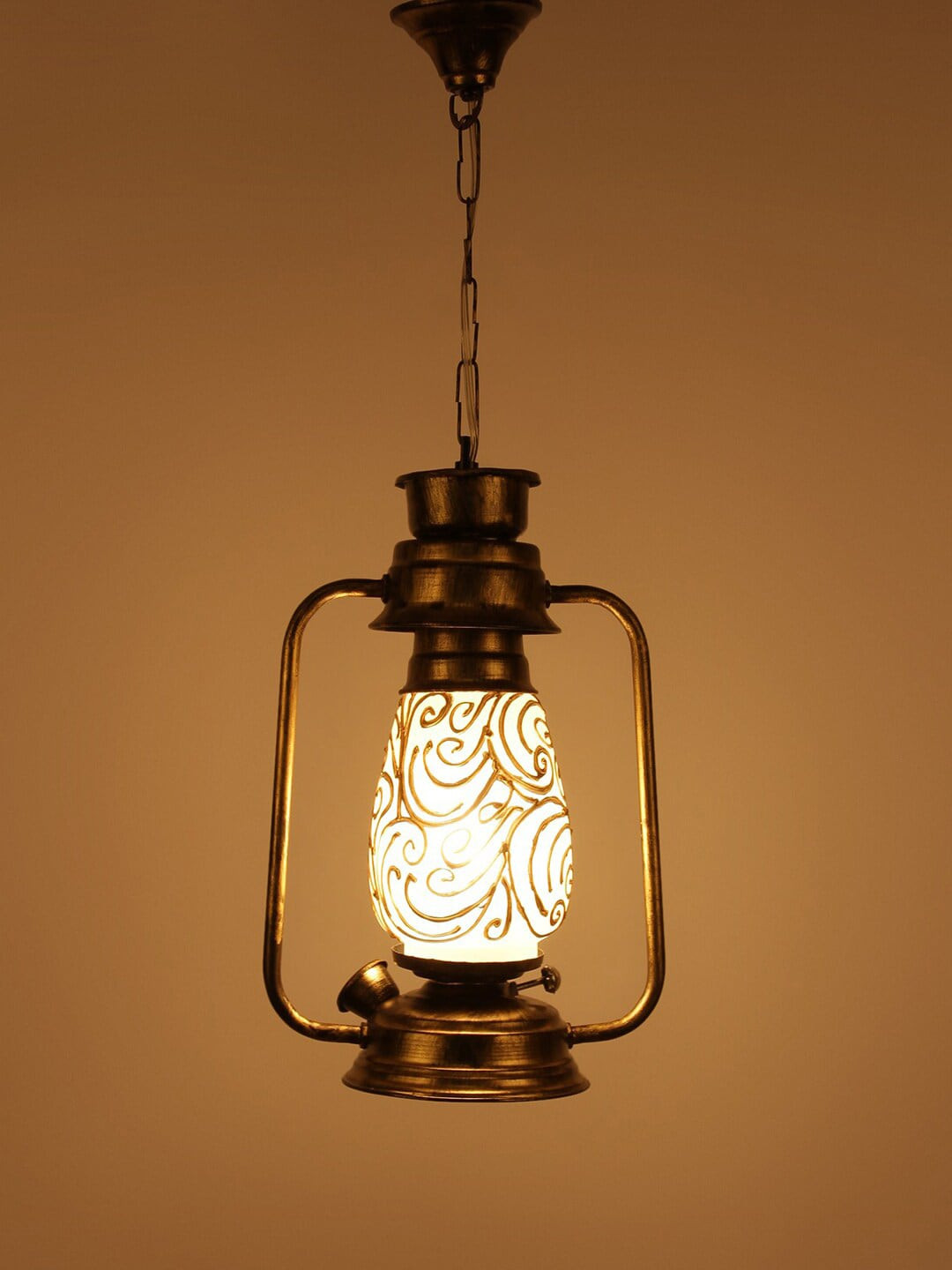 Devansh Gold-Toned & Off-White Printed Milky Glass Hanging Lantern