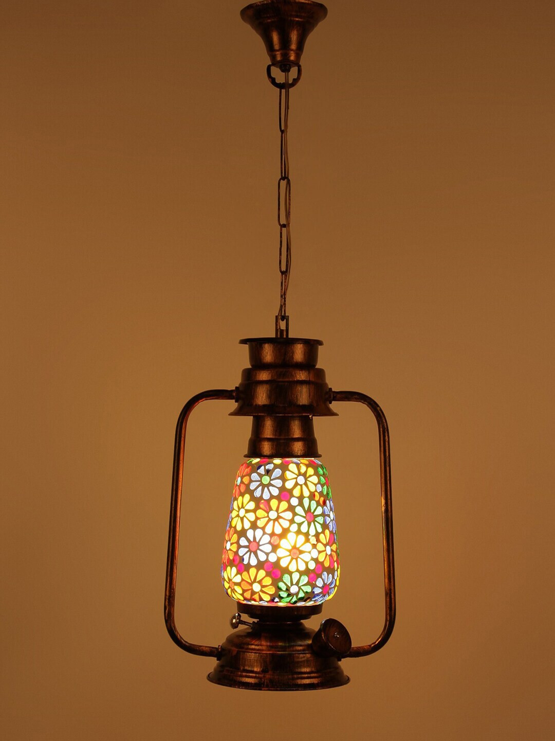 Devansh White & Copper-Toned  Mosaic Glass Hanging Lantern