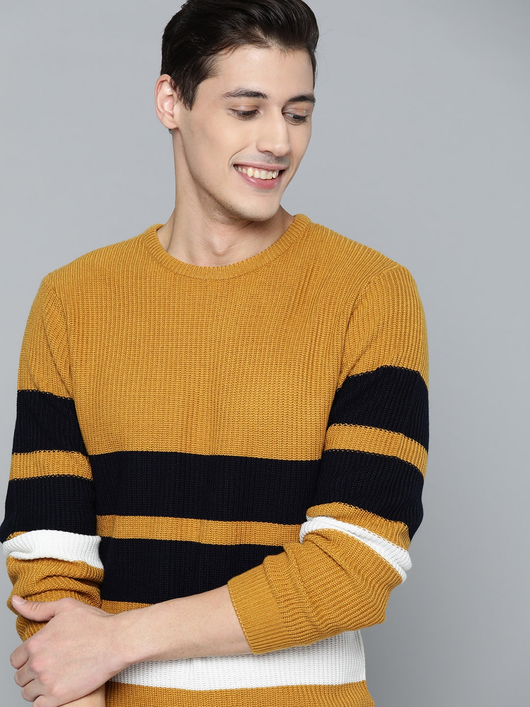 Mens yellow and outlet black striped sweater