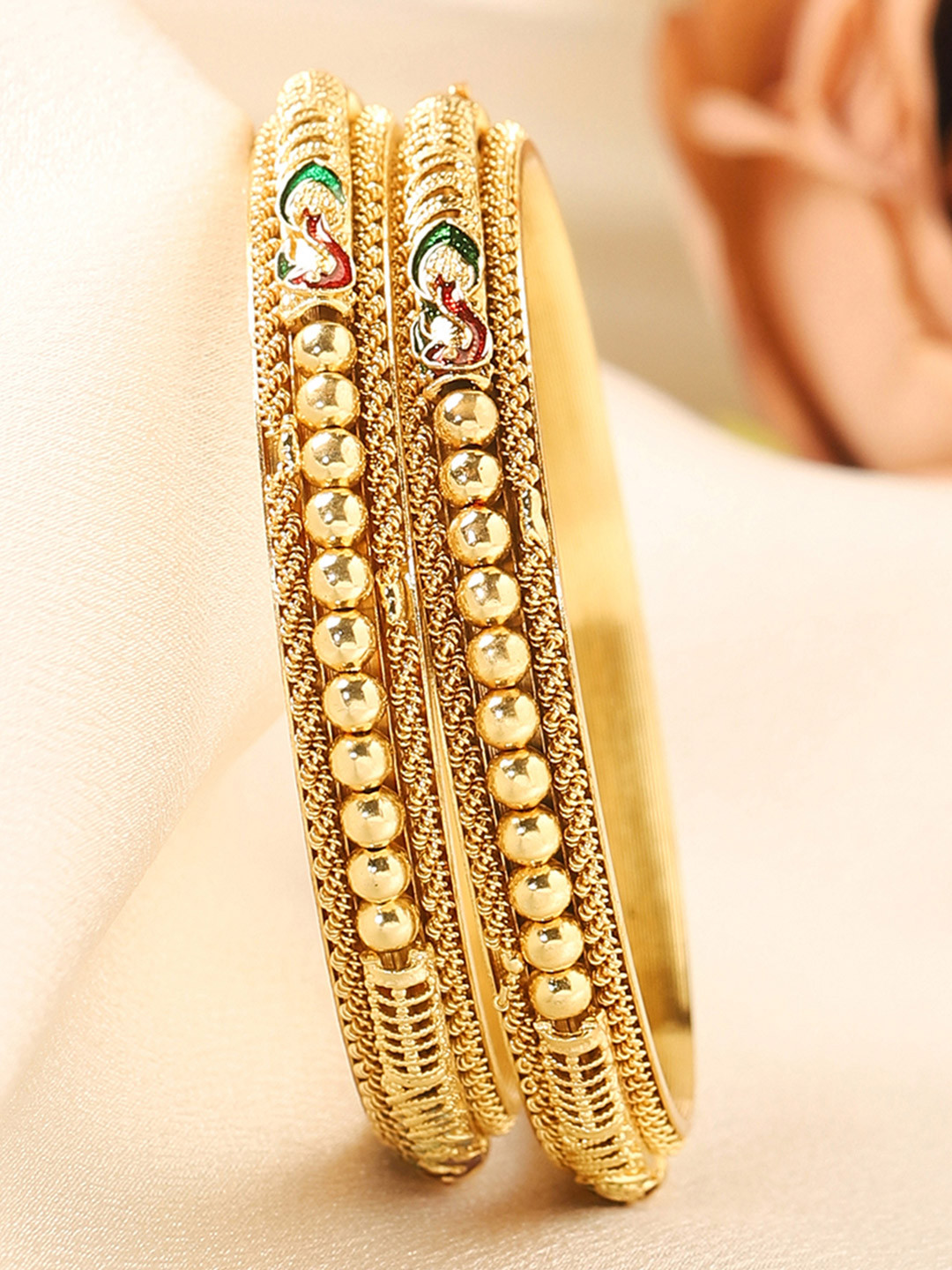 Rubans Set Of Two 22K Gold-Plated Red & Green Enamelled Handcrafted Bangles