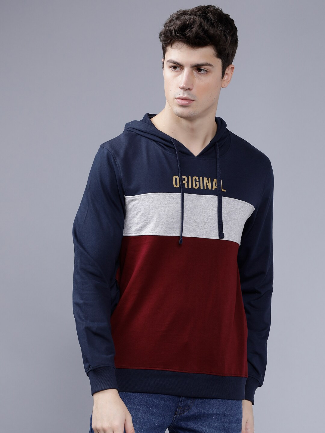 The Indian Garage Co Men Burgundy & Navy Blue Colourblocked Hooded Sweatshirt