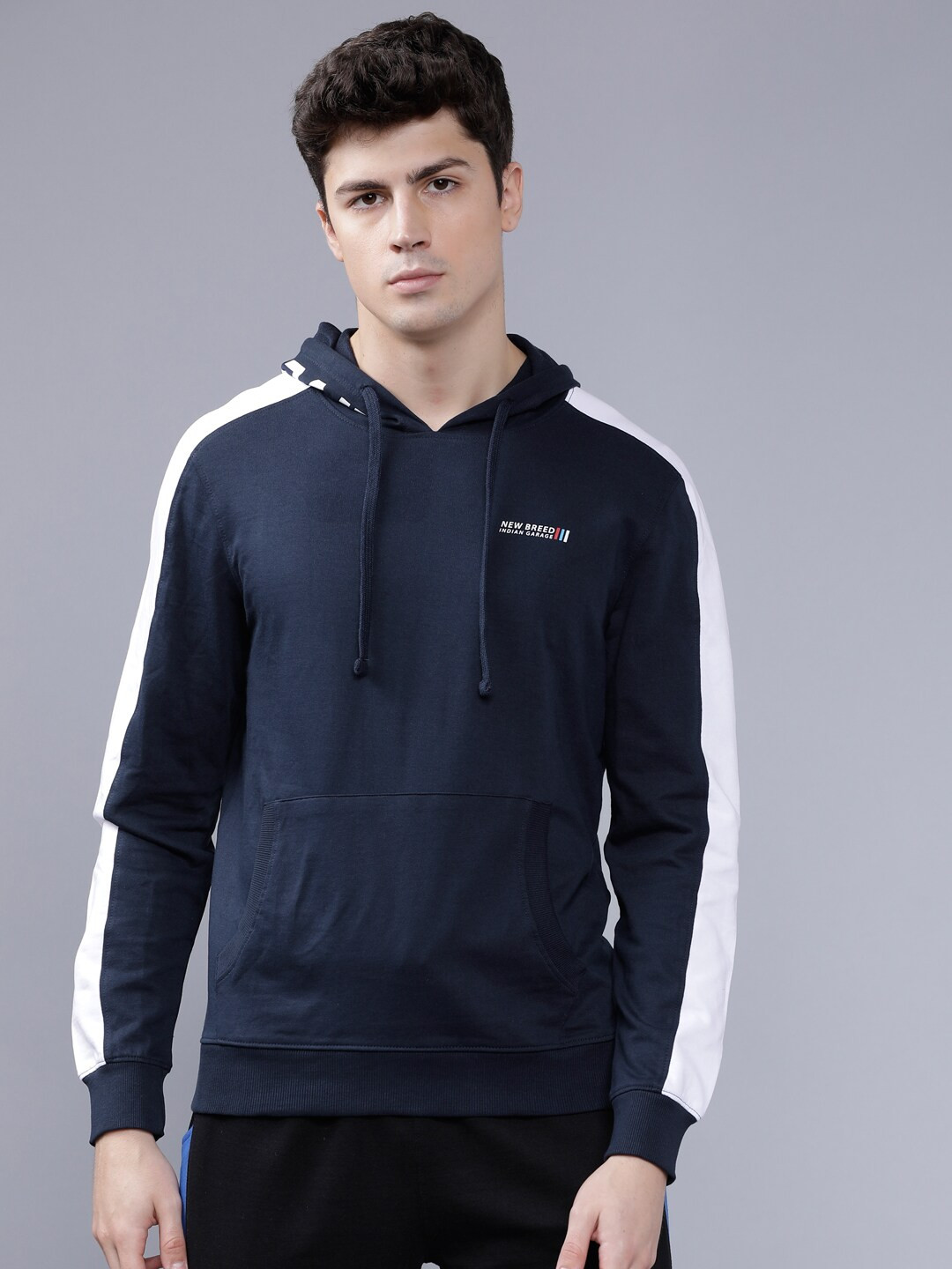 The Indian Garage Co Men Navy Blue Solid Hooded Sweatshirt