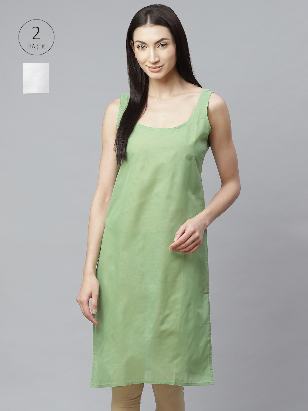 ADA Women White and Dark Green Pack of 2 Solid Handloom Slips