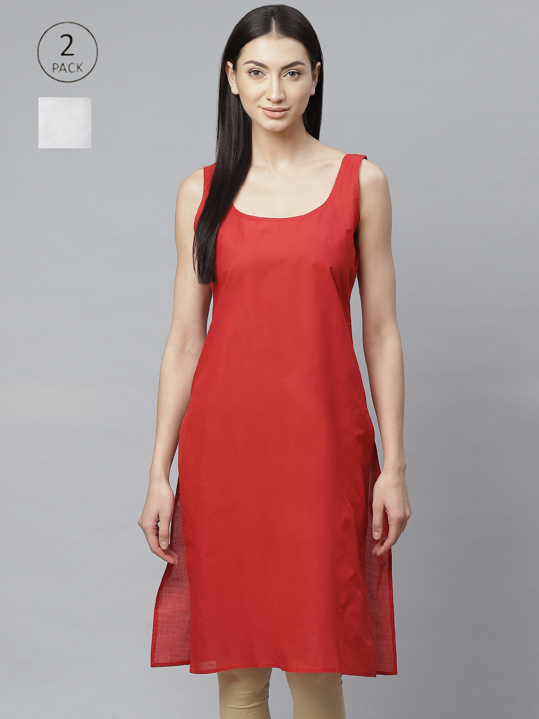 ADA Women White and Red Pack of 2 Solid Handloom Slips