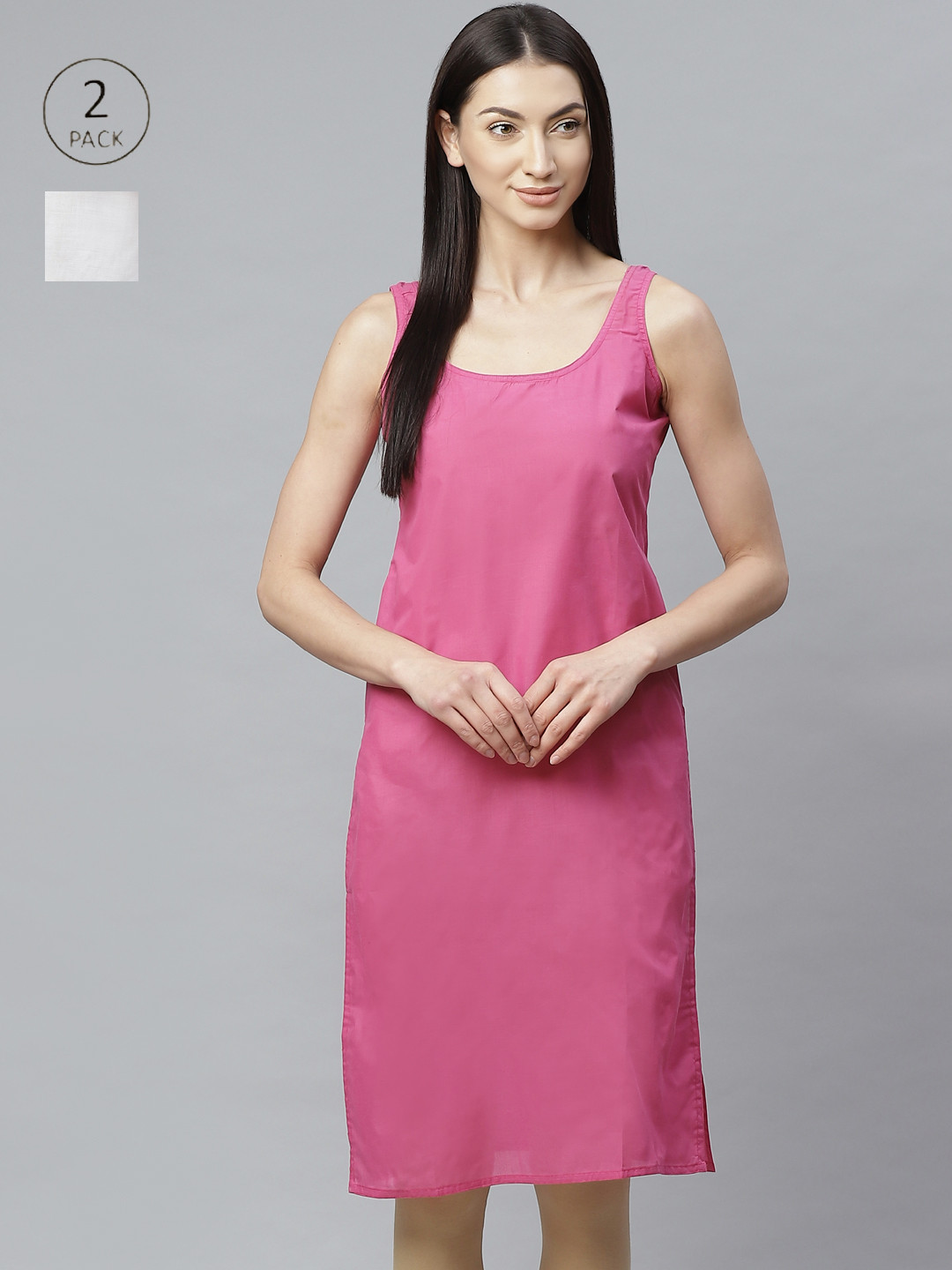 ADA Women White and Onion Pink Pack of 2 Solid Handloom Slips