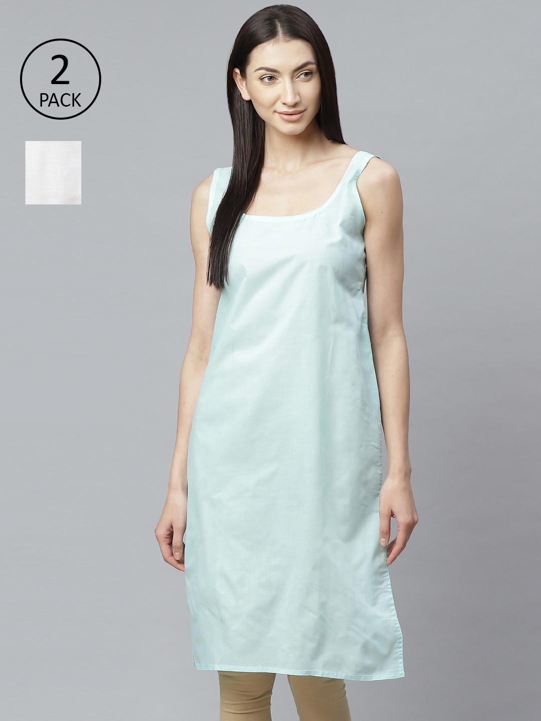 ADA Women White and Blue Pack of 2 Solid Sustainable Handloom Slips