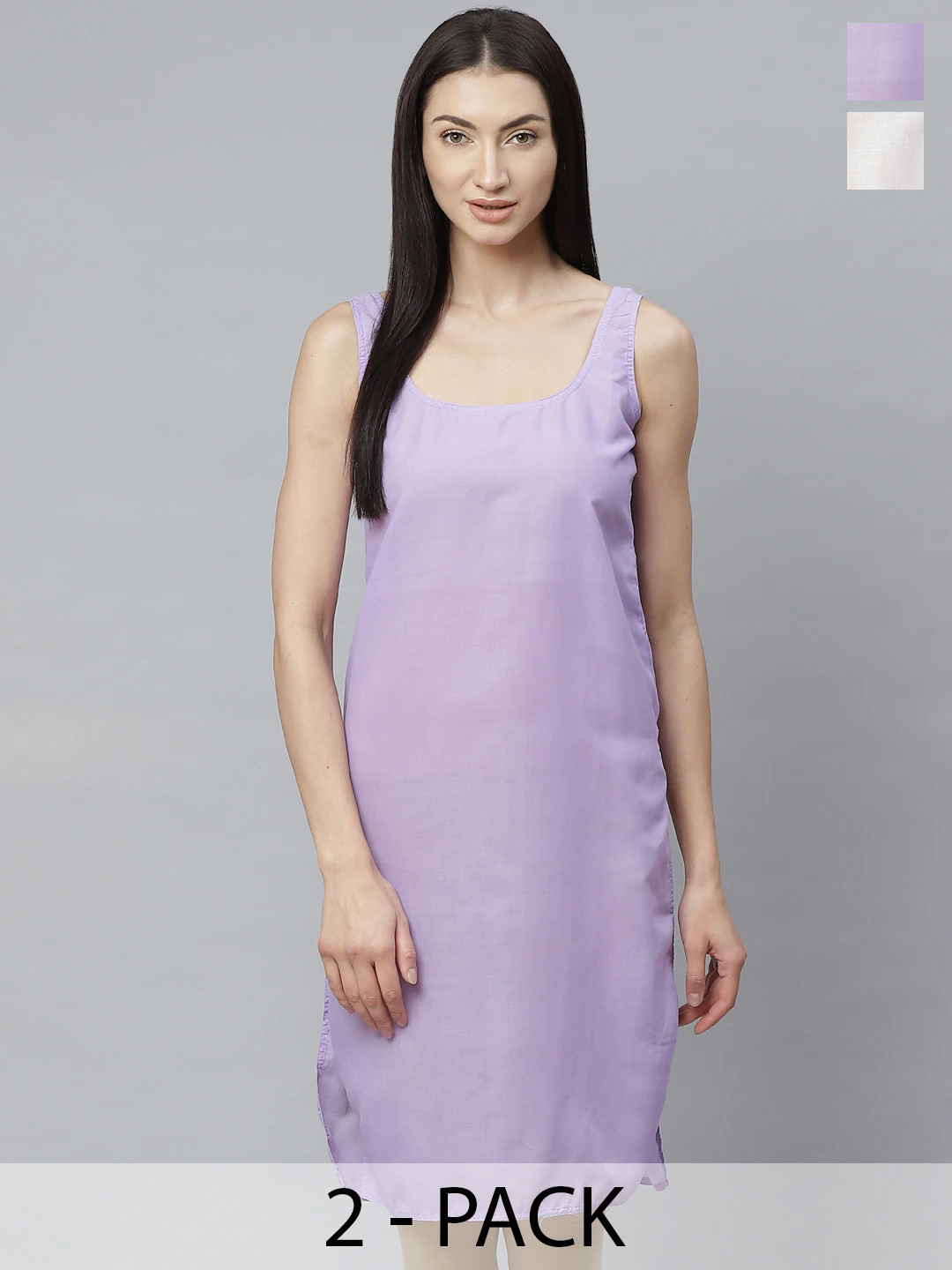 ADA Women White and Mauve Pack of 2 Solid Handloom Slips