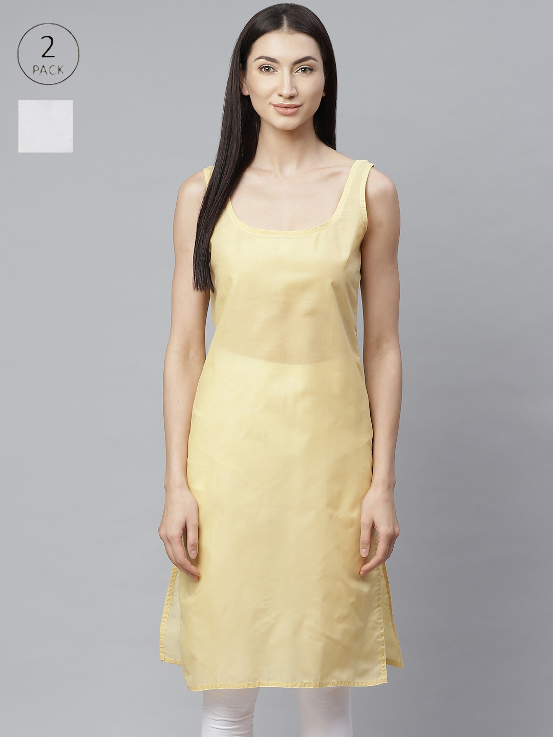 ADA Women White and Dark Fawn Pack of 2 Semi-Sheer Solid Sustainable Handloom Slips