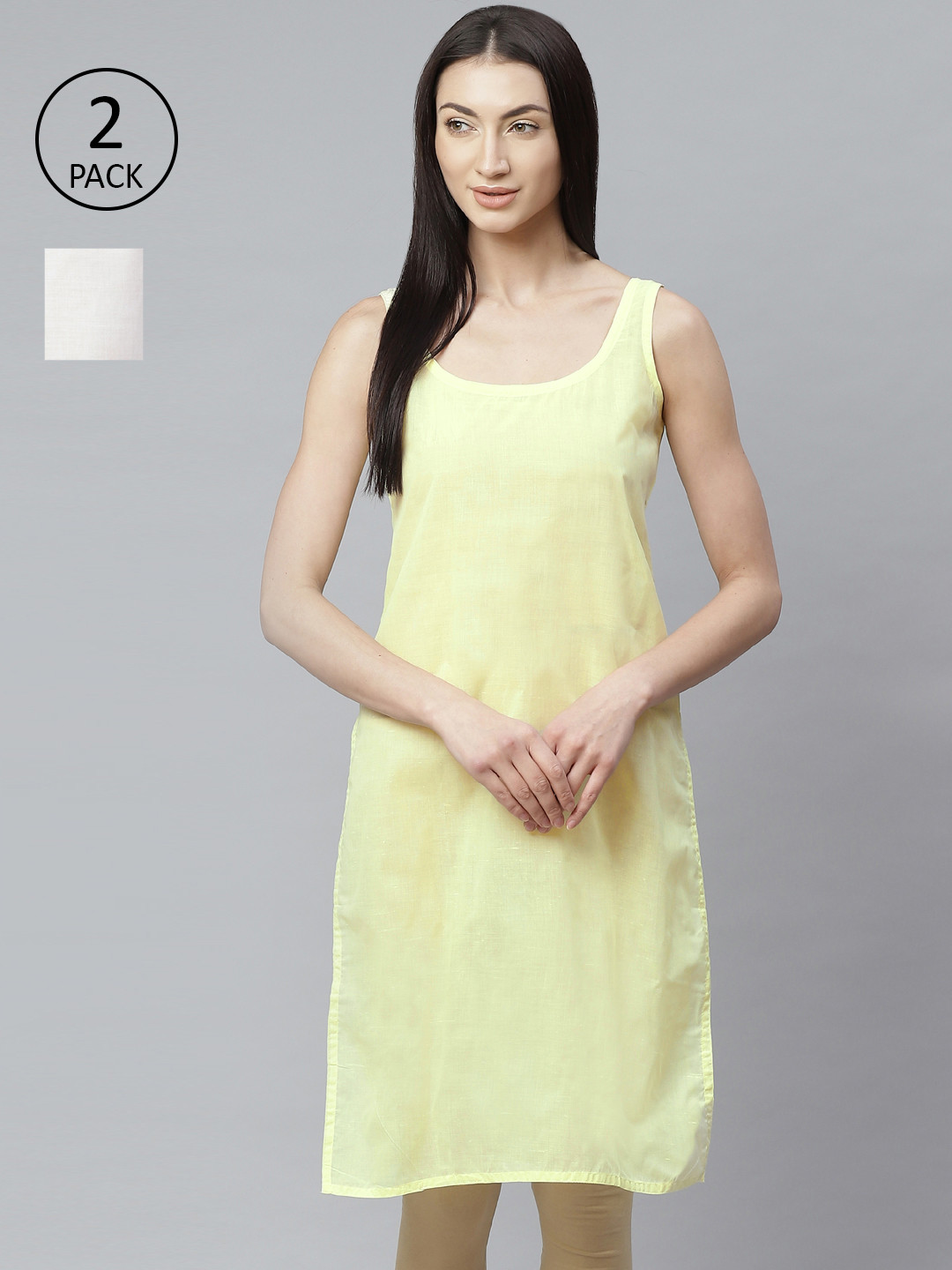 ADA Women Lemon & White Pack of 2 Solid Handloom Slips