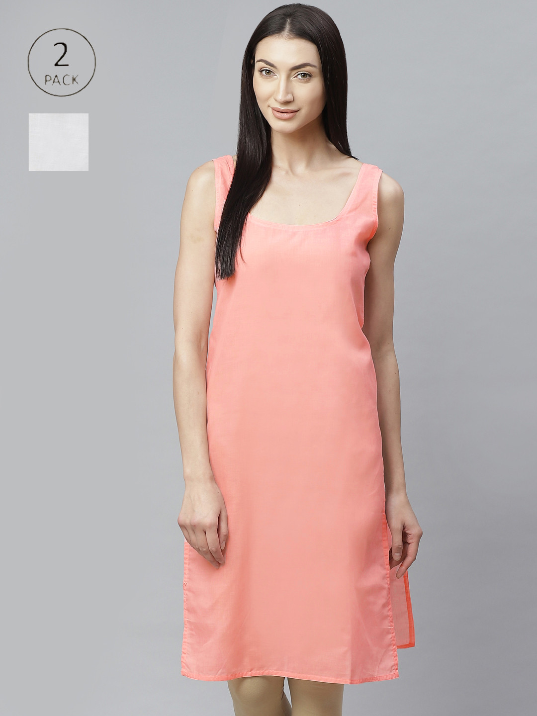 ADA Women White and Peach Pack of 2 Solid Handloom Slips