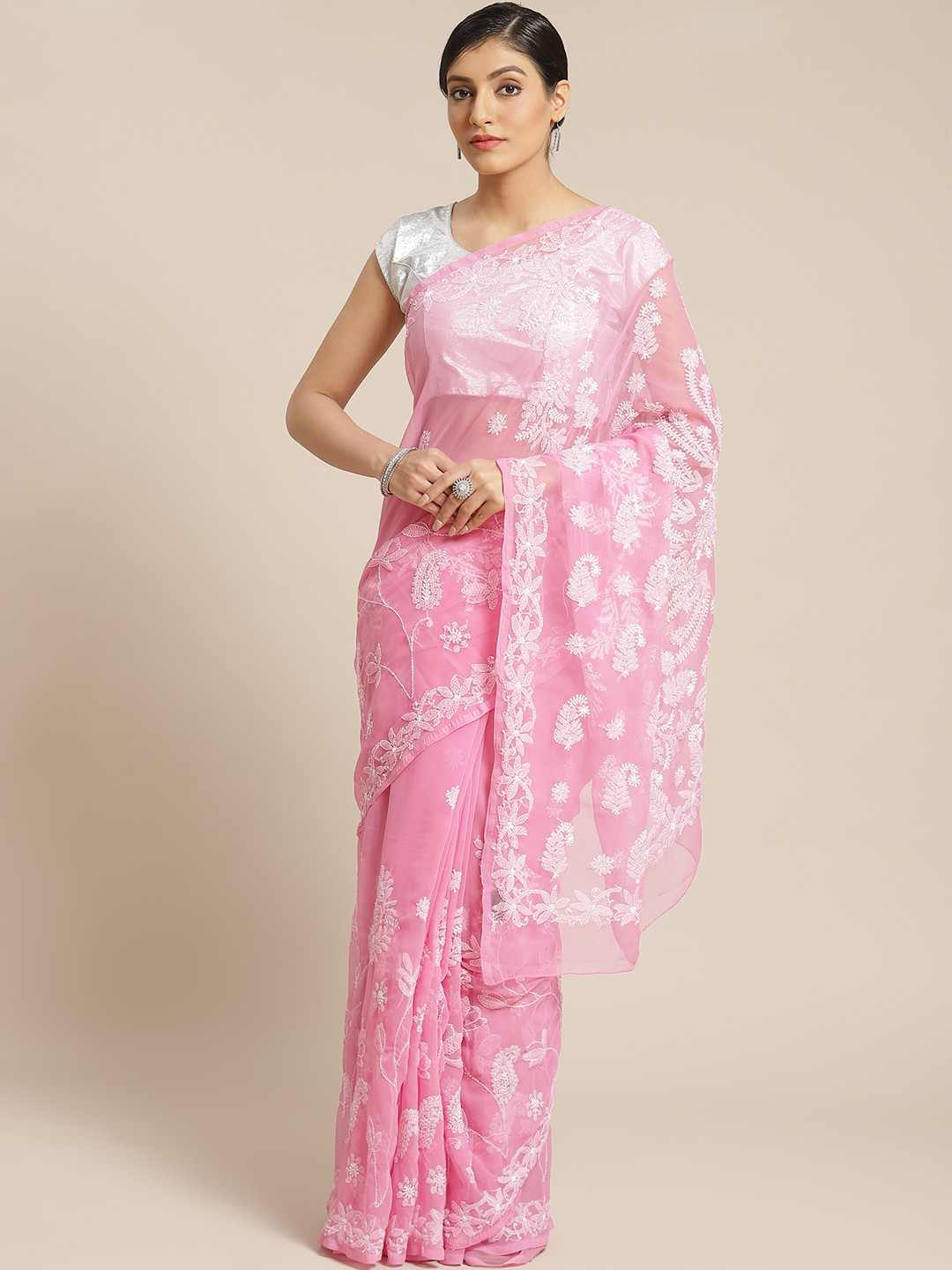 ADA Pink & White Poly Georgette Embroidered Sustainable Saree