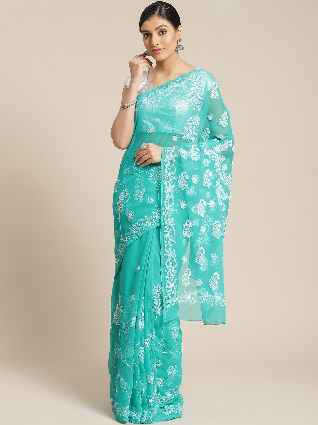 ADA Green & White Chikankari Embroidered Handloom Saree