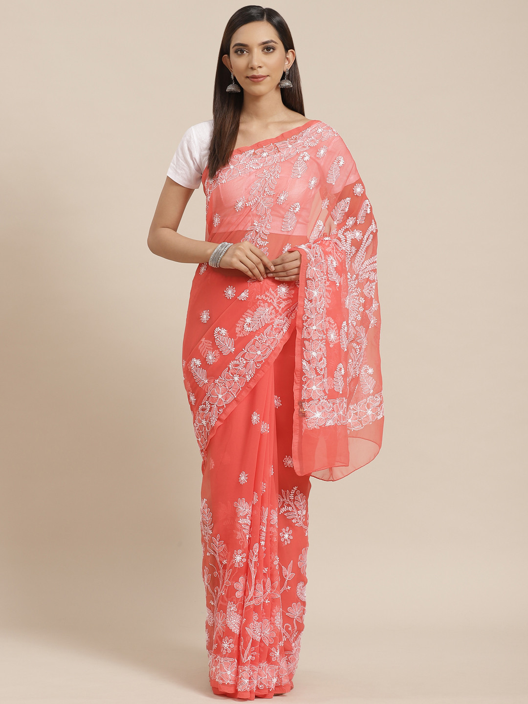 ADA Coral Pink & White Chikankari Hand Embroidered Handloom Saree