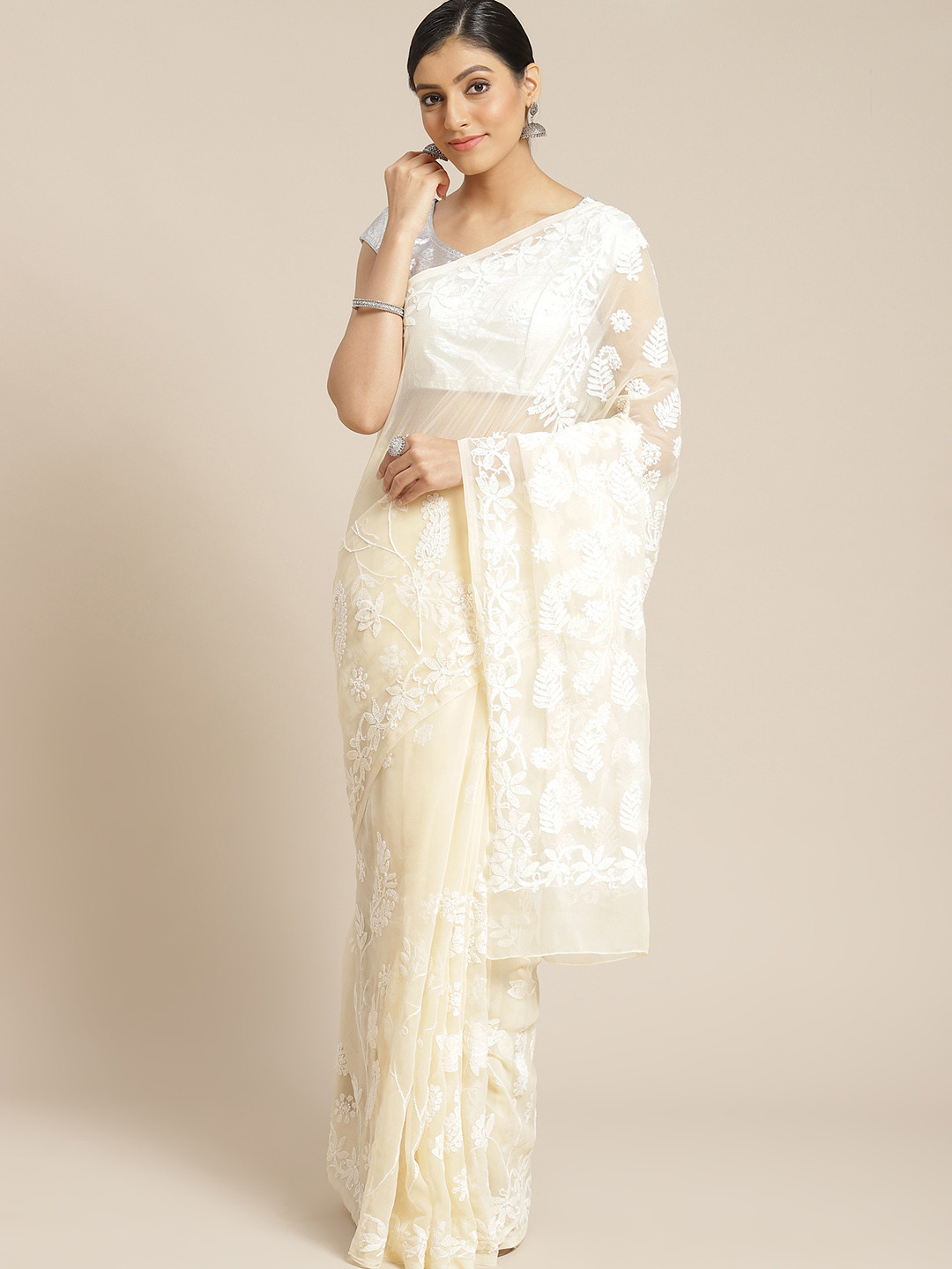 ADA Cream-Coloured Chikankari Hand Embroidered Handloom Saree