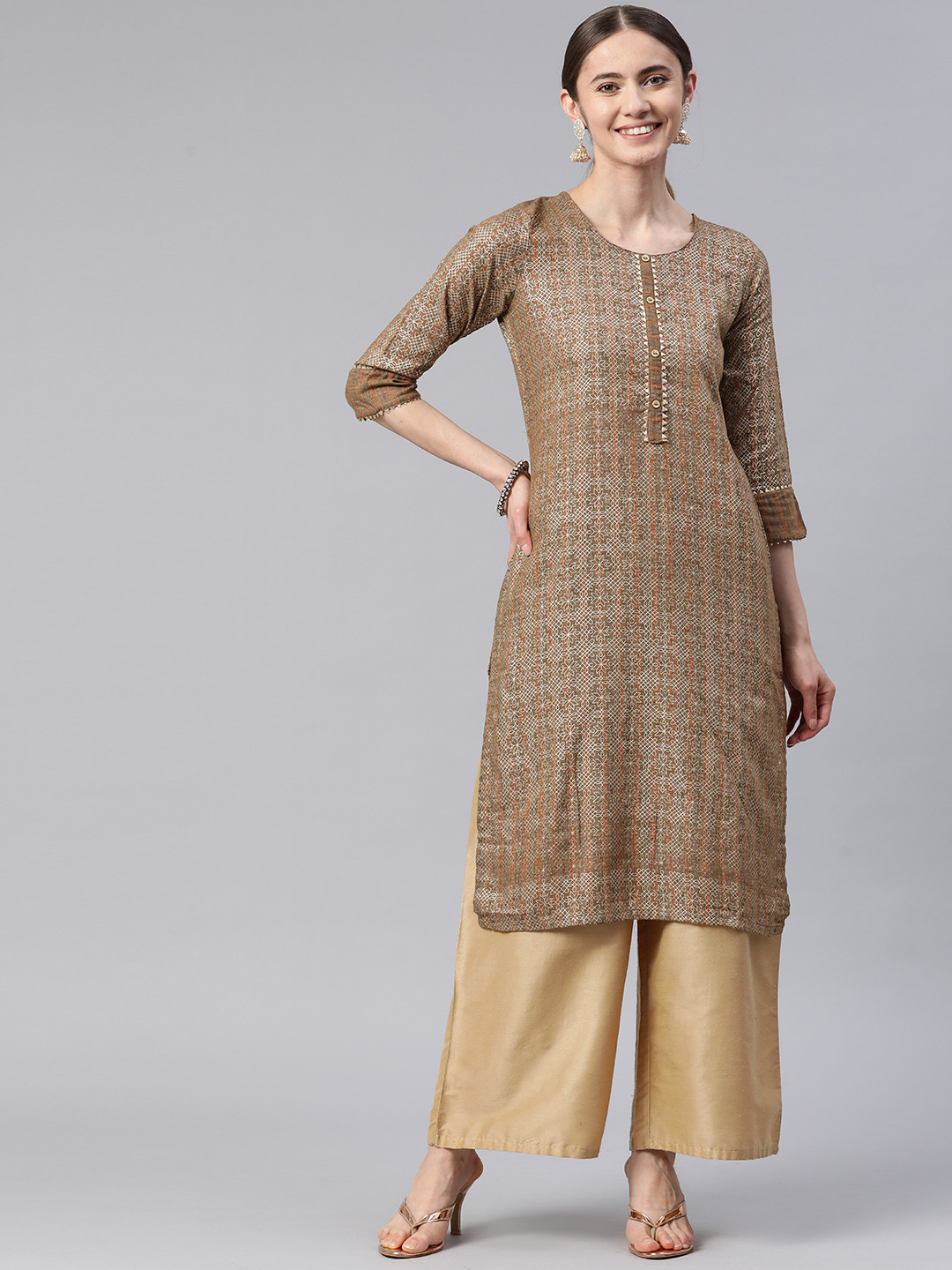 Rangriti Women Brown & White Ethnic Motifs Printed Gotta Patti Satin Kurta