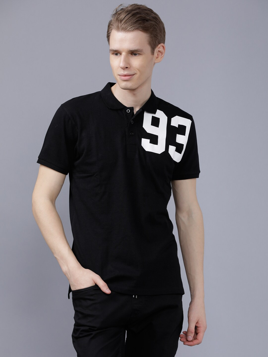 The Indian Garage Co Men Black & White Printed Polo Collar T-shirt