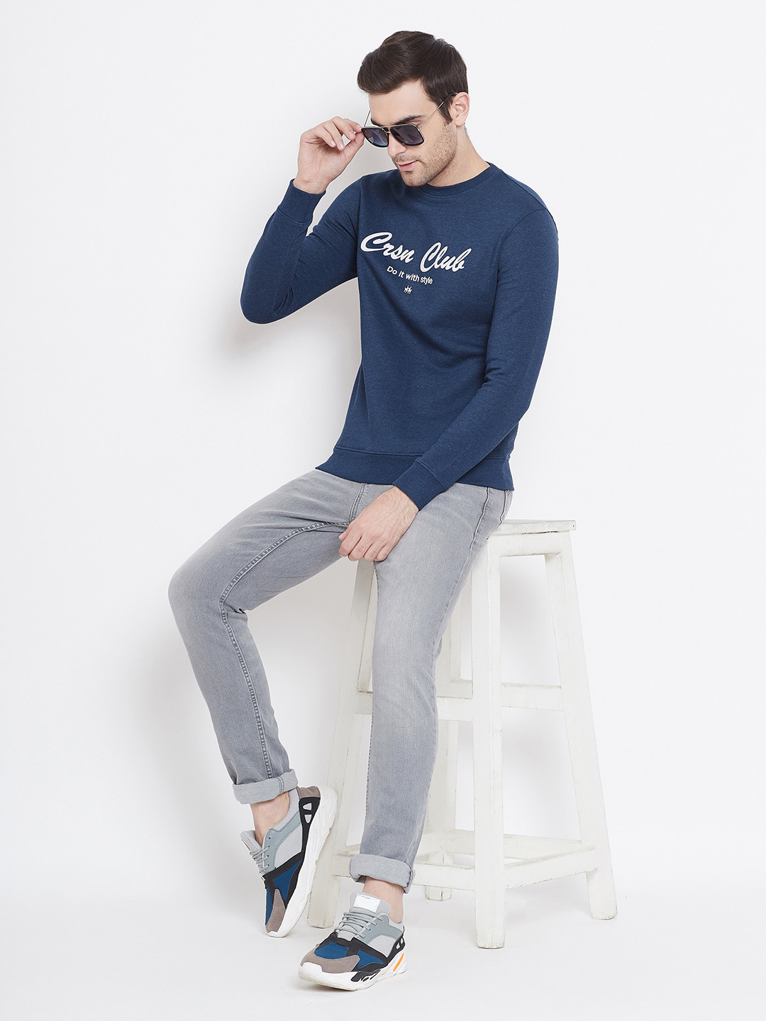 Crimsoune Club Men Navy Blue & White Brand Logo Print Sweatshirt