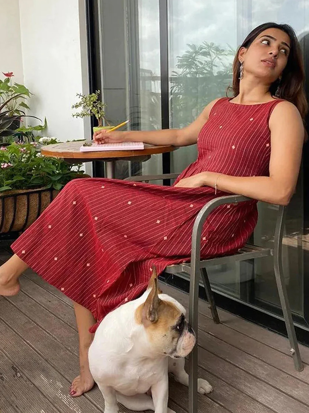 Saaki Women Maroon & Off-White Striped Fit and Flare Dress