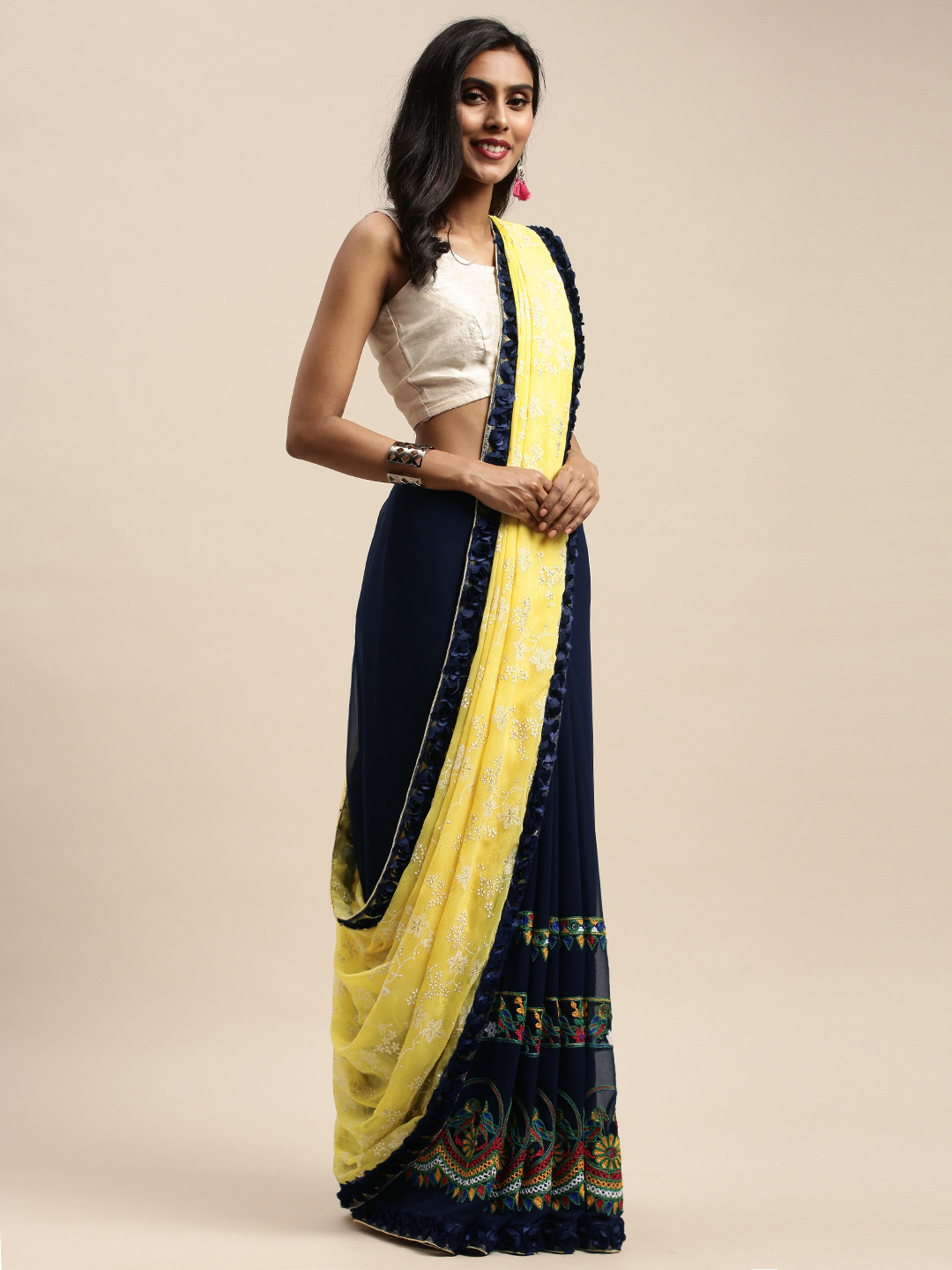 Mitera Navy Blue & Yellow Poly Georgette Embroidered Saree